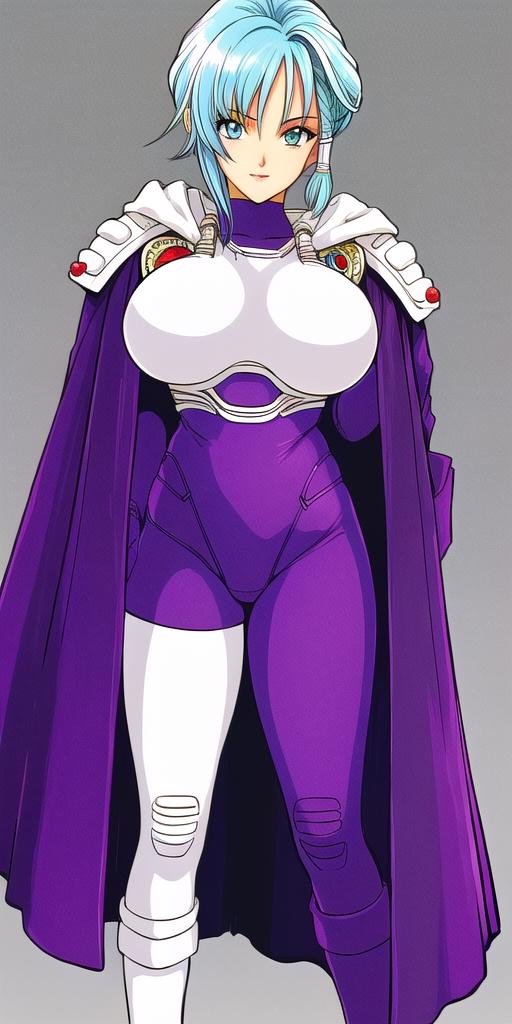<lora:aoi_karinV2:.9> aoi_karin, huge_breasts, standing, solo, Purple_bodysuit_White_Pauldrons_White_breastplate_Asymmetri...